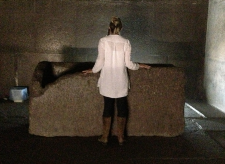 Three people with pyramids in background