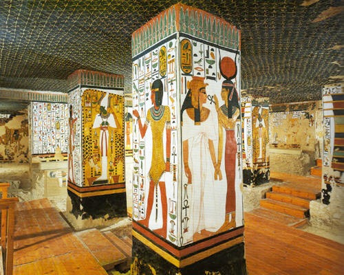 Painted tomb interior with sarcophagus