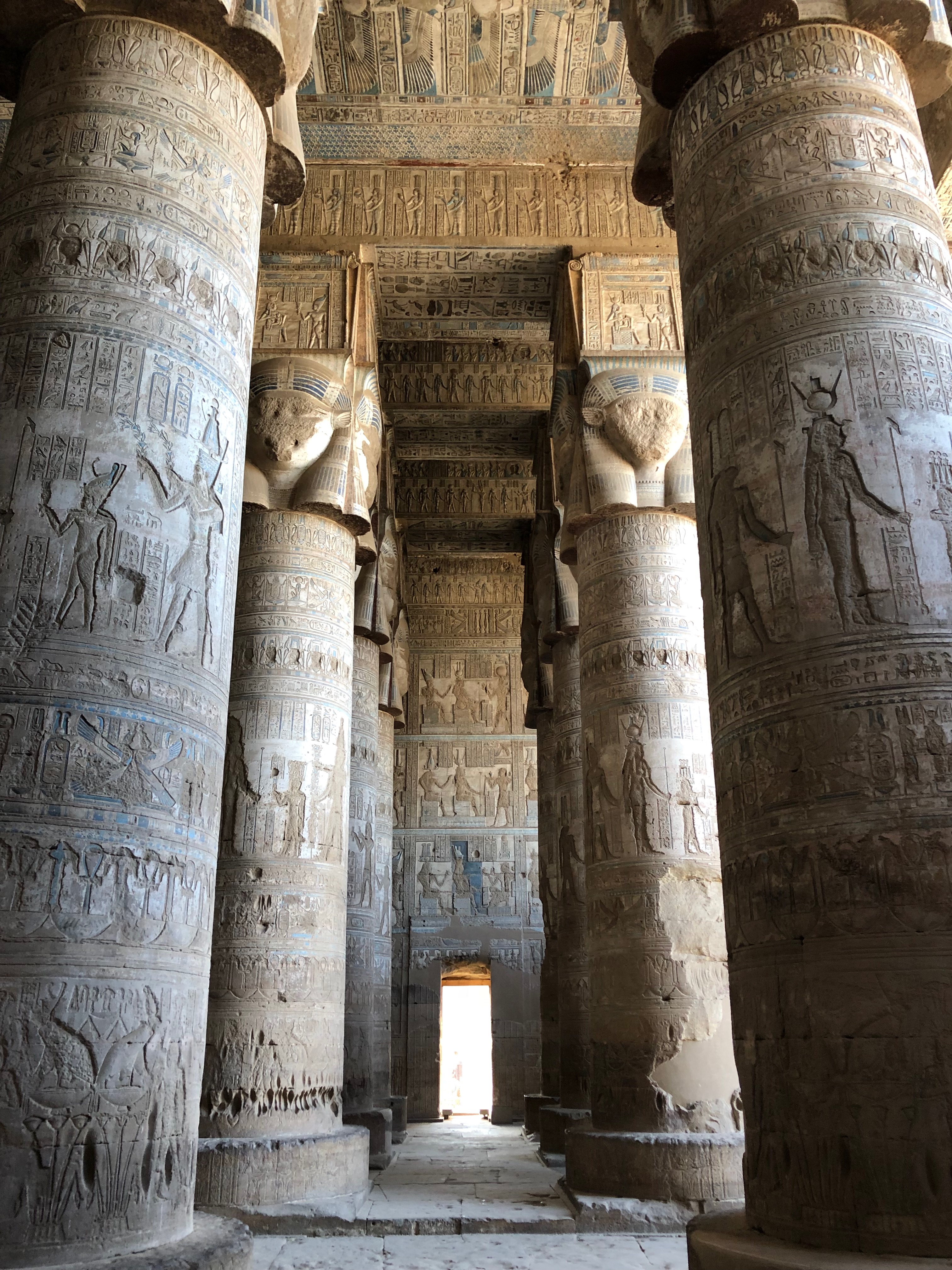 Massive Hathor columns with painted ceiling